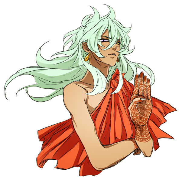 1boy alternate_costume casual dark-skinned_male dark_skin earrings green_hair half-closed_eyes hand_up henna heterochromia indian_clothes jewelry light_smile looking_at_viewer male_focus mantles purple_eyes saint_seiya saint_seiya_omega solo virgo_fudou yellow_eyes yellow_gemstone