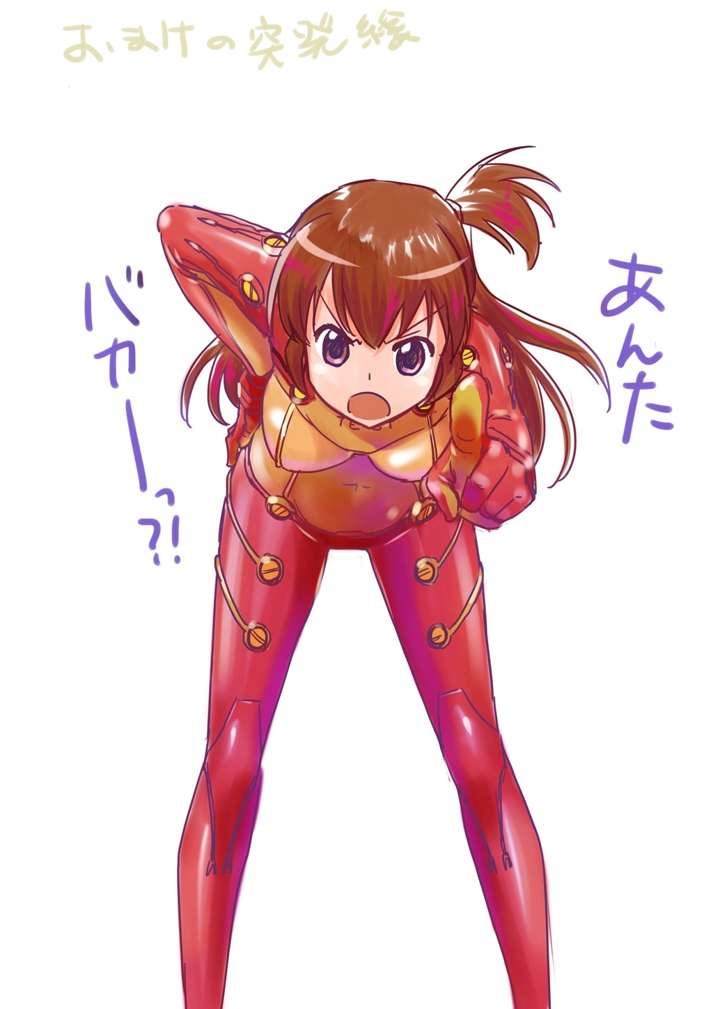 1girl bodysuit breasts cosplay female_focus hand_on_own_hip highres hip_focus idolmaster idolmaster_dearly_stars look-alike looking_at_viewer mecha_pilot_suit neon_genesis_evangelion one-hour_drawing_challenge one_side_up oofuji_wataru parody plugsuit_(cosplay) plugsuit_(evangelion) pointing rebuild_of_evangelion sakurai_yumeko side_ponytail simple_background small_breasts solo souryuu_asuka_langley_(cosplay) test_plugsuit_(evangelion) white_background