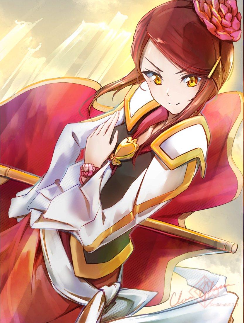 1girl brooch brown_hair clear_glass_(mildmild1311) cropped_jacket cure_matador epaulettes flamenco flower flower_brooch gem gradient_background hair_flower hair_ornament hairclip happinesscharge_precure! heart heart_brooch high-low_skirt jewelry long_sleeves looking_at_viewer magical_girl matador muleta precure red_eyes red_hair sash short_hair_with_long_locks signature smile solo spanish_clothes yellow_background yellow_gemstone