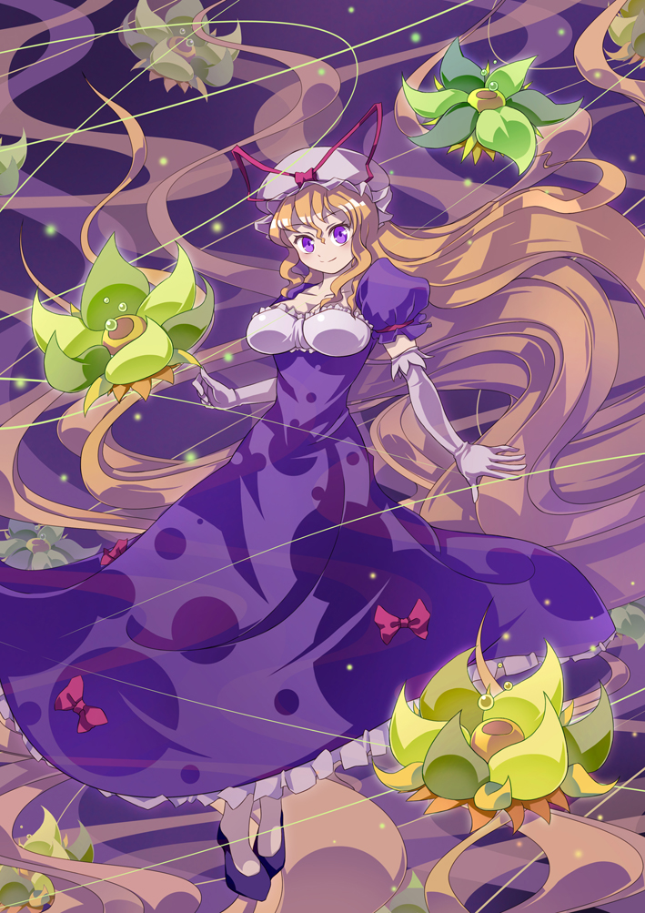 1girl blonde_hair bow breasts cleavage dress elbow_gloves female_focus floor gloves hair_bow hat hat_ribbon high_heels long_hair pantyhose purple_eyes ribbon shoes smile solo touhou very_long_hair white_pantyhose xin_yu_hua_yin yakumo_yukari zxyon2008