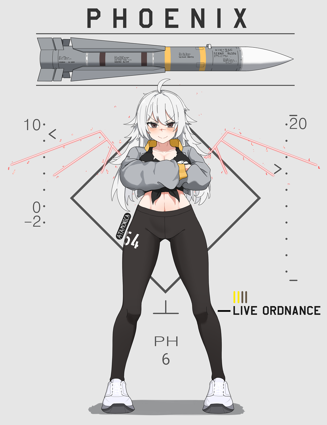1girl ahoge aim-54_phoenix air-to-air_missile air-to-surface_missile artist_name atamonica beyond-visual-range_missile black_eyes black_pants black_shirt blush breasts commentary cropped_jacket english_commentary english_text full_body grey_background grey_hair grey_jacket highres jacket large_breasts long_hair long_sleeves looking_at_viewer midriff missile open_clothes open_jacket original pants personification precision-guided_munition puffy_long_sleeves puffy_sleeves shadow shirt shoes simple_background sneakers solo standing tied_shirt torn_clothes torn_shirt v-shaped_eyebrows white_shoes