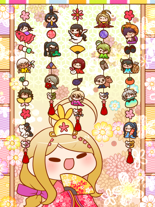 1girl ahoge akamatsu_kaede alternate_costume amami_rantaro android animal animal_on_head antenna_hair aqua_kimono bag barrel bear bird bird_on_head black_eyes black_footwear black_hair black_hairband black_kimono black_mask blonde_hair blue_hair blue_hat blue_kimono blush_stickers bob_cut bow brown_hair brown_kimono bug butterfly chabashira_tenko cherry_blossom_print cherry_blossoms chibi cigarette closed_mouth commentary_request covered_mouth crane_(animal) crown danganronpa_(series) danganronpa_v3:_killing_harmony dango dark-skinned_female dark_skin doorway eyelashes facial_hair floral_background floral_print flower folding_fan food fruit glasses goatee gokuhara_gonta green_bird green_bow green_hair green_kimono grey_hair hair_between_eyes hair_bow hair_flower hair_ornament hair_over_one_eye hairband hand_fan hand_mirror haori harukawa_maki hat holding holding_fan holding_mirror holding_pinwheel horse hoshi_ryoma in_bag in_container insect iruma_miu japanese_clothes k1-b0 kimono kneeling koi light_blush long_hair long_sleeves low-tied_long_hair low_ponytail mask messy_hair mirror mole mole_under_eye mole_under_mouth momota_kaito monodam monokid monokuma monophanie monosuke monotaro_(danganronpa) mouse_(animal) mouth_hold mouth_mask oma_kokichi on_head open_mouth persimmon pink_flower pink_kimono pinwheel ponytail purple_bow purple_hair purple_hairband purple_kimono rabbit red_hair red_kimono riding riding_animal sack saihara_shuichi sandals sanshoku_dango shinguji_korekiyo shirogane_tsumugi shouji side_ponytail sidelocks single_bare_arm single_bare_shoulder sleeves_past_fingers sleeves_past_wrists sliding_doors smile solid_oval_eyes spiked_hair straight_hair tassel tate_eboshi tojo_kirumi unworn_sandals upper_body v-shaped_eyebrows very_long_hair wagashi wavy_hair white_eyes white_hair wide_sleeves yellow_background yellow_crown yellow_kimono yonaga_angie yumaru_(marumarumaru) yumeno_himiko zipper zipper_pull_tab