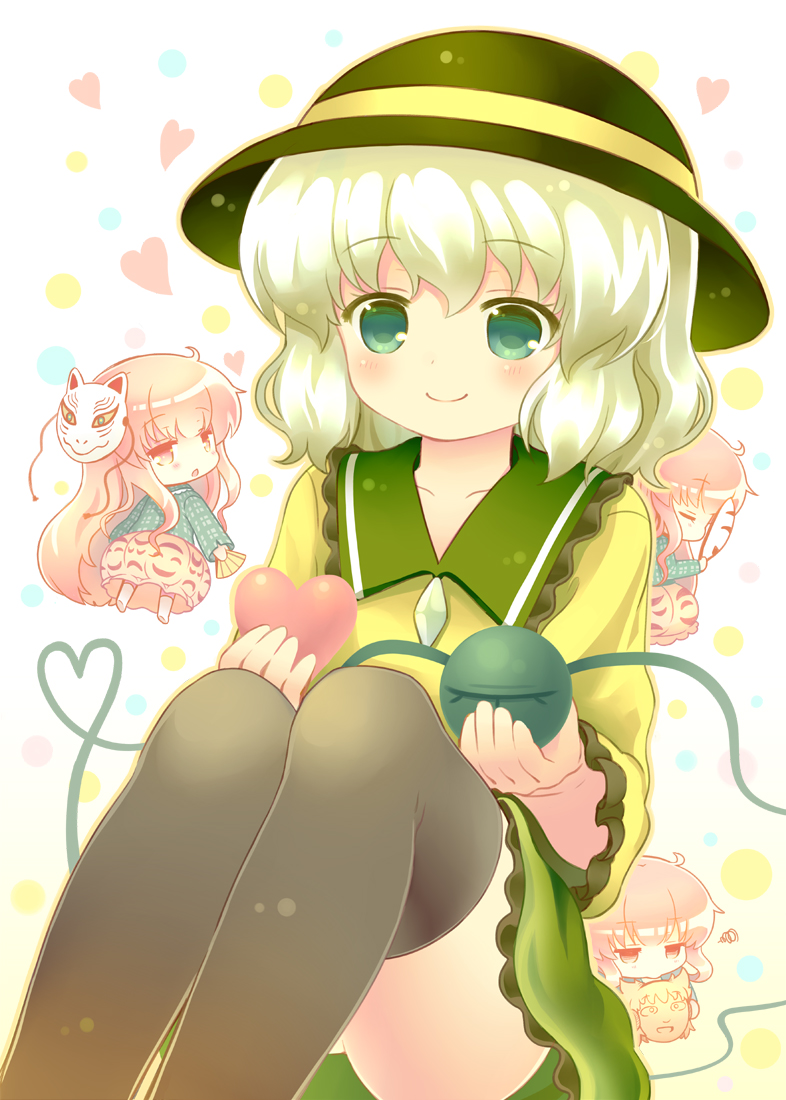 23 23_(candy_chapus) 2girls bow bubble_skirt chibi expressionless eyeball fox_mask green_eyes green_hair hat hat_ribbon hata_no_kokoro heart heart_of_string komeiji_koishi long_hair mask multiple_girls multiple_persona new_mask_of_hope open_mouth pink_eyes pink_hair plaid_clothes plaid_shirt ribbon shirt short_hair skirt smile thighhighs third_eye touhou