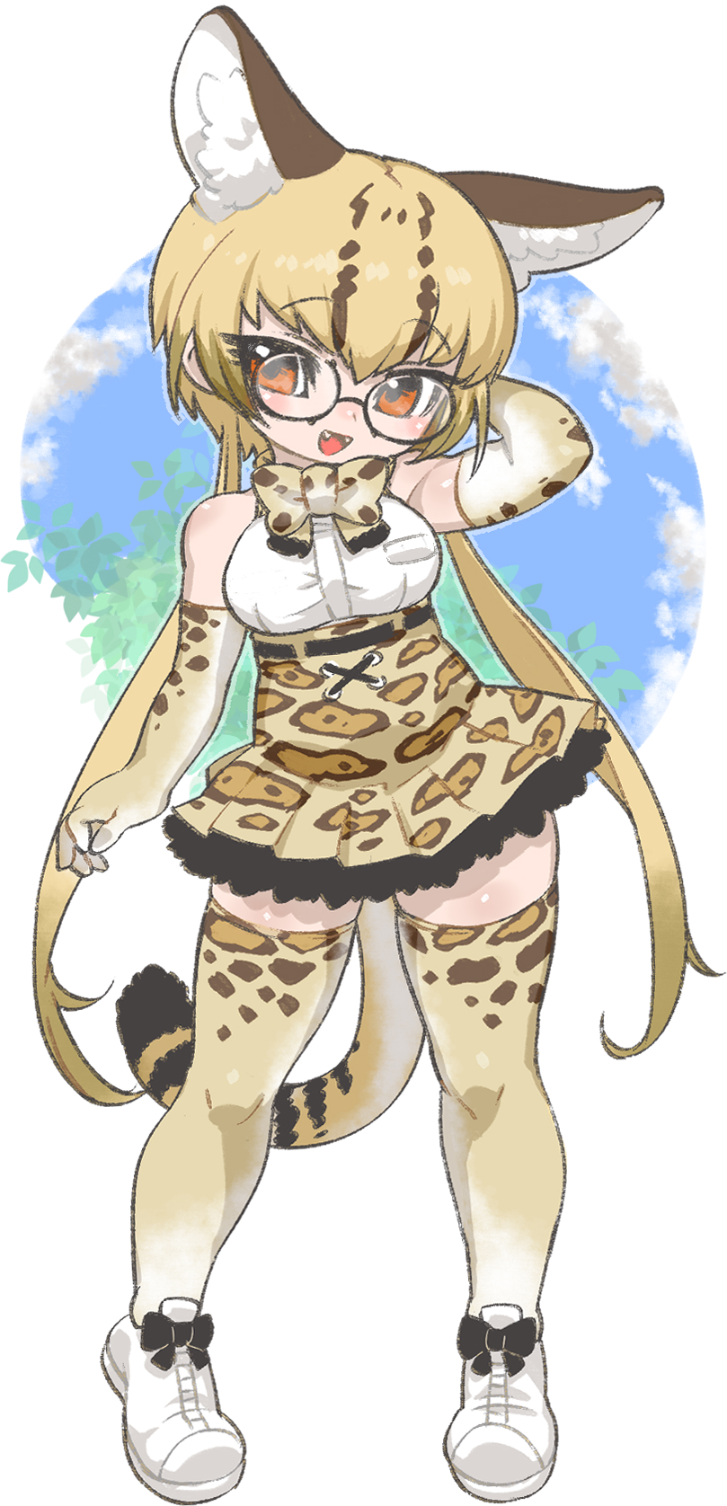1girl animal_ears arm_behind_back arm_up black-framed_eyewear blonde_hair bow bowtie breasts brown_bow brown_bowtie brown_eyes brown_gloves brown_hair brown_thighhighs elbow_gloves full_body glasses gloves highres kemono_friends kuro_(kurojill) long_hair low_twintails margay_(kemono_friends) medium_breasts multicolored_hair solo tail thighhighs twintails white_footwear