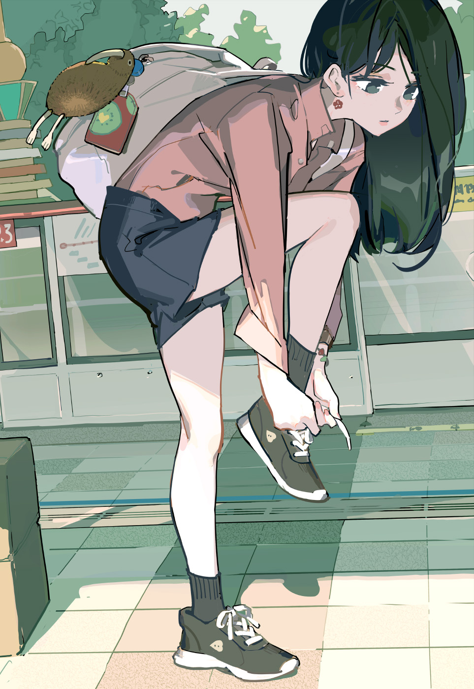 1girl backpack bag bag_charm black_eyes black_hair black_shoes black_shorts black_socks charm_(object) day earrings full_body highres jewelry long_hair office_lady_taiwan outdoors pink_shirt shadow shirt shoes shorts sneakers socks solo standing standing_on_one_leg stuffed_animal stuffed_bird stuffed_toy tennohi tying_footwear