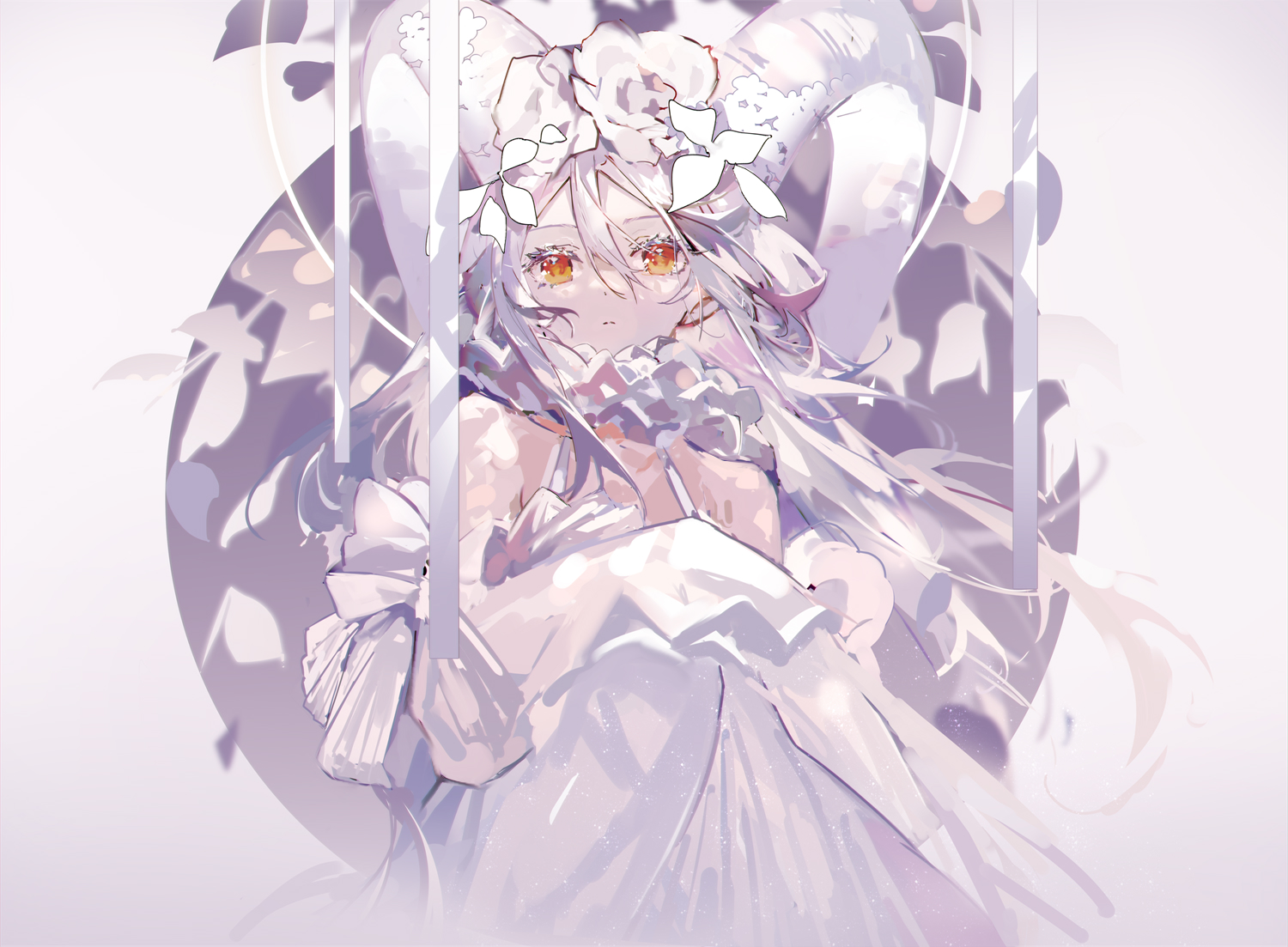 1girl bare_shoulders closed_mouth collar commentary_request commission curled_horns dot_nose dress floating_hair flower frilled_collar frills hair_between_eyes hair_flower hair_ornament halter_dress halterneck horns long_hair long_sleeves looking_at_viewer mamenomoto off-shoulder_dress off_shoulder original pixiv_commission red_eyes sheep_horns sleeves_past_fingers sleeves_past_wrists solo split_mouth upper_body white_dress white_flower white_hair white_horns white_theme