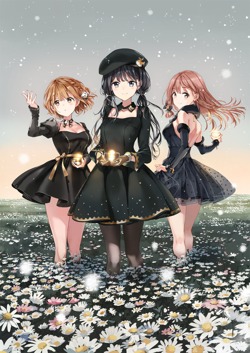 adagaki_aki backless_dress backless_outfit black_legwear dress field flower flower_field fujinomiya_neko highres koiwai_yoshino masamune-kun_no_revenge pantyhose standing tagme tiv
