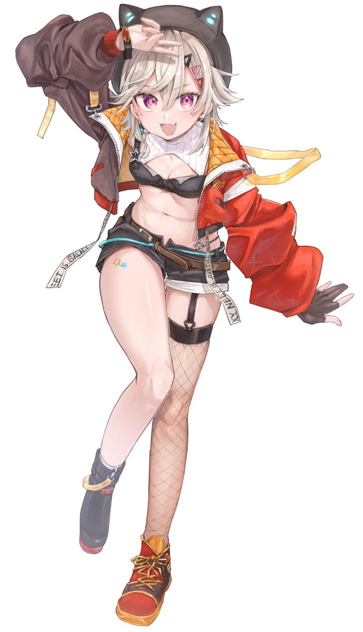 1girl animal_hat arm_up asymmetrical_footwear belt black_hat black_shorts blonde_hair blush brown_belt cat_hat crop_top facial_mark fang fishnet_thighhighs fishnets full_body gloves hair_ornament hairclip hat highres jacket komori_met komori_met_(5th_costume) looking_at_viewer mismatched_footwear navel open_clothes open_jacket open_mouth otsu_hai18 partially_fingerless_gloves purple_eyes shorts simple_background single_thighhigh solo thighhighs v virtual_youtuber vspo! white_background