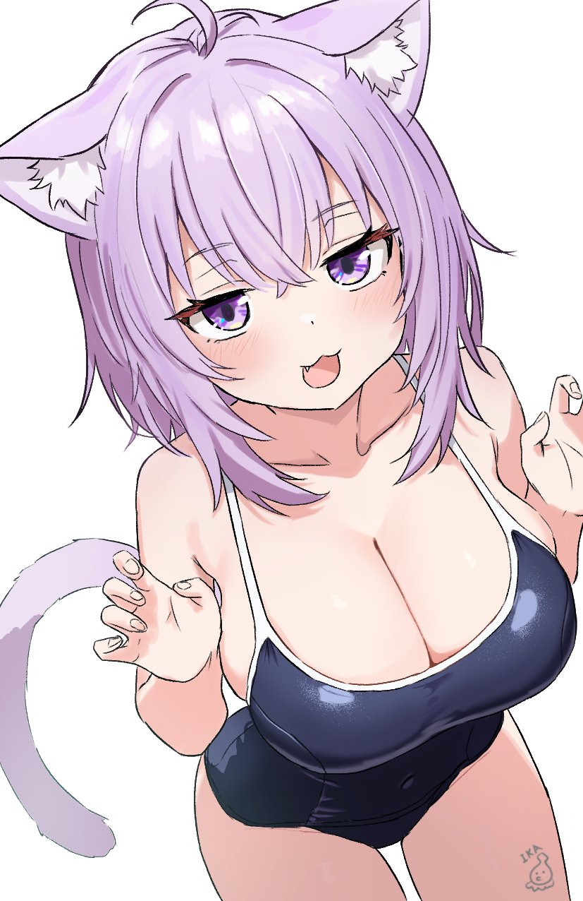 1girl :3 ahoge animal_ear_fluff animal_ears artist_logo artist_name black_one-piece_swimsuit blush breasts cat_ears cat_girl cat_tail cleavage collarbone competition_swimsuit covered_navel crossed_bangs dot_nose eyelashes fang hair_intakes highres hololive ika large_breasts logo looking_at_viewer medium_hair nekomata_okayu one-piece_swimsuit paw_pose purple_eyes purple_hair sidelocks simple_background solo swimsuit tail virtual_youtuber white_background