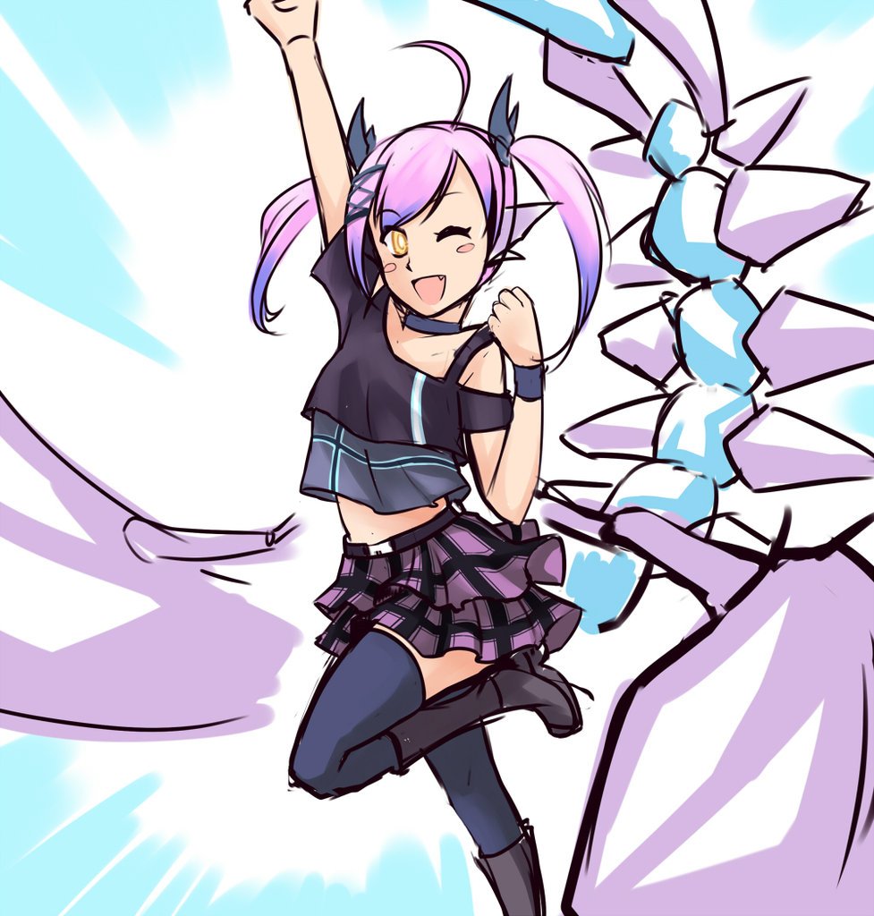 1girl ;d ahoge arthropod_girl blouse blush_stickers boots gender_request genderswap league_of_legends nam_(valckiry) one_eye_closed open_mouth personification pincers pink_hair shirt short_hair skarner skirt smile socks stinger twintails wristband yellow_eyes
