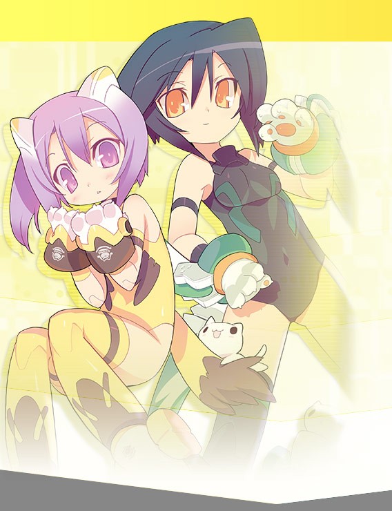 10s 2girls :3 android animal_ears animal_hands armband black_hair black_legwear blade_(galaxist) blush busou_shinki cat cat_ears cat_tail claws covered_navel doll_joints gloves hair_between_eyes howling_(busou_shinki) joints leotard light_smile looking_at_viewer maochao multiple_girls orange_eyes parted_lips partio paw_gloves purple_eyes purple_hair short_hair sitting smile spread_legs standing tail thighhighs yellow_legwear