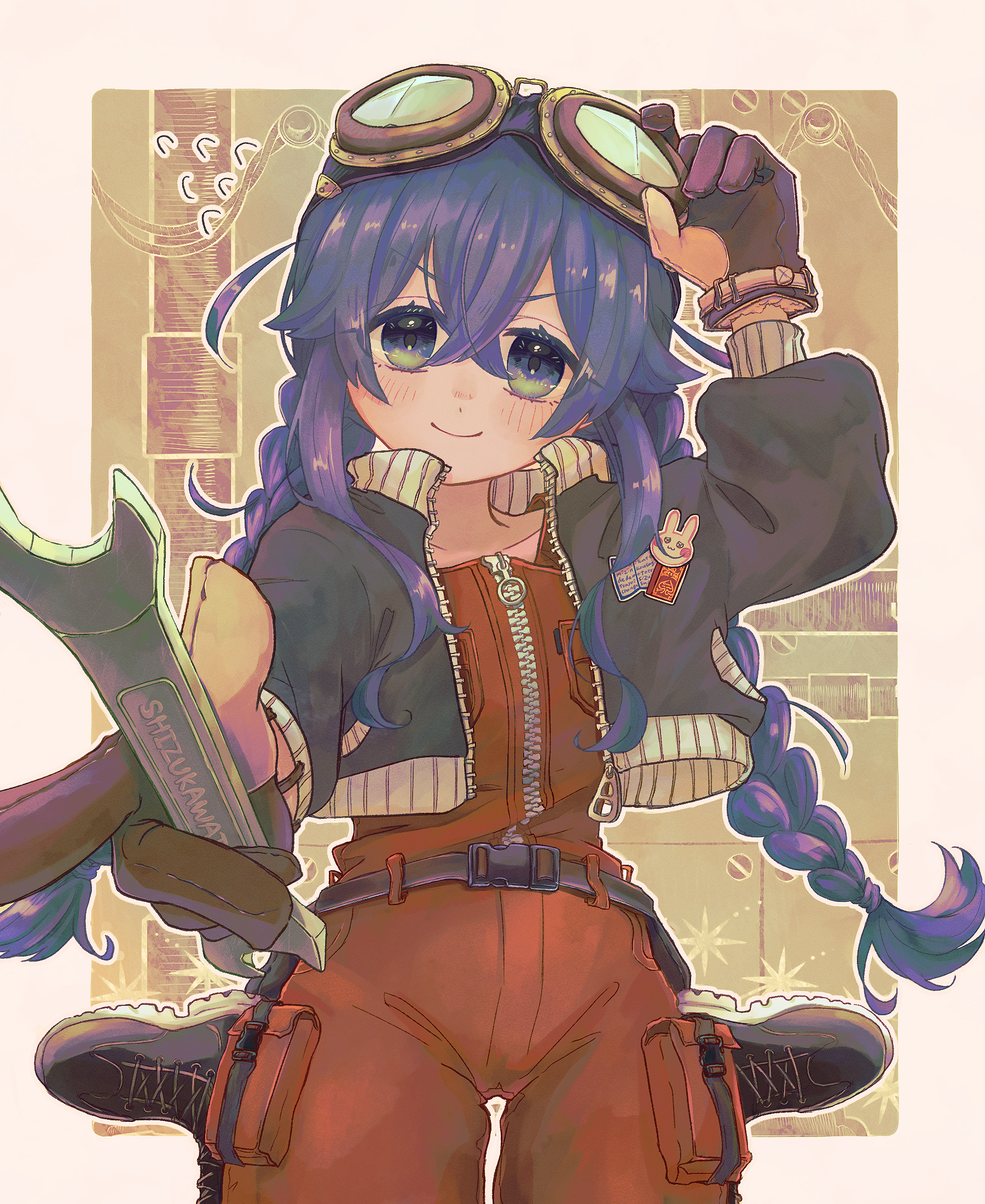 1girl adjusting_eyewear alternate_costume belt blue_eyes bomber_jacket braid buckle engineer flat_chest flying_sweatdrops goggles goggles_on_head hand_on_eyewear highres holding holding_wrench industrial_pipe jacket kimi_no_koto_ga_dai_dai_dai_dai_daisuki_na_100-nin_no_kanojo light_blush light_smile oknomyk overalls pointing pointing_at_viewer pouch purple_hair rabbit_sticker sitting snap-fit_buckle solo twin_braids wariza work_gloves wrench yoshimoto_shizuka zipper_pull_tab