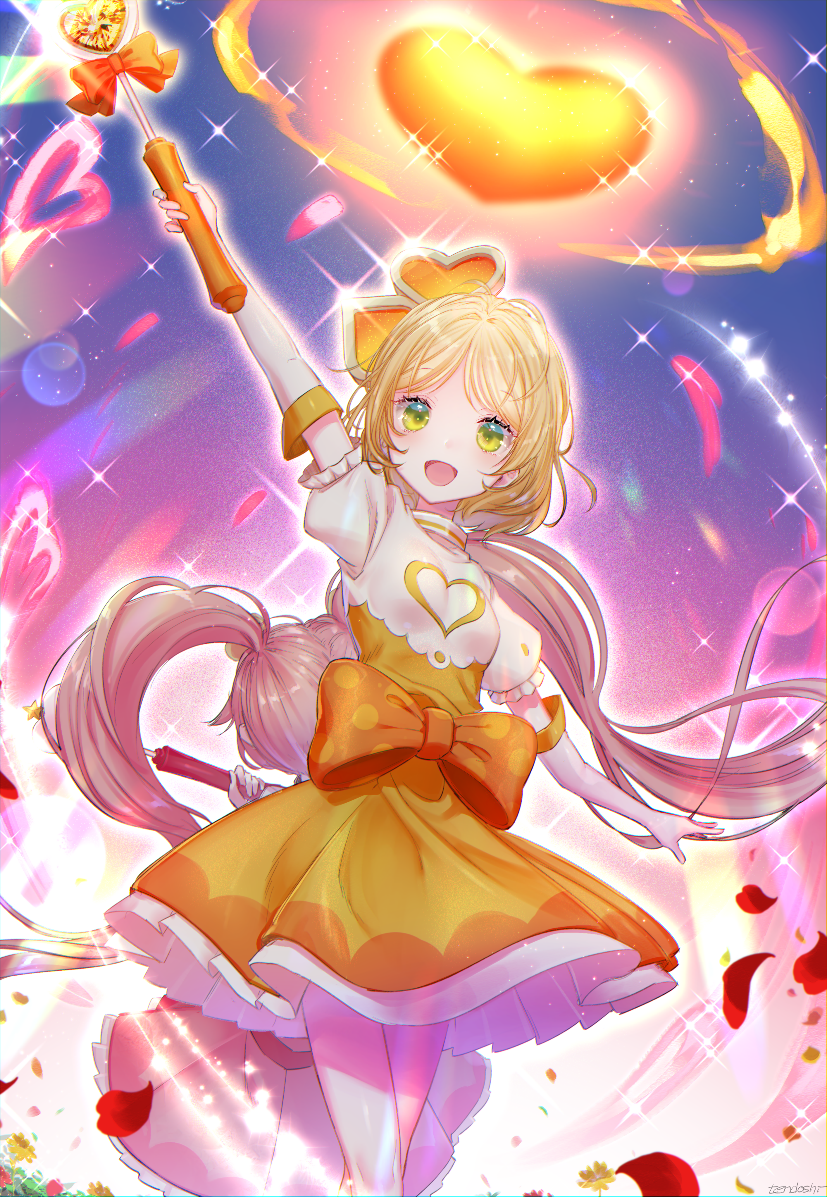 #compass 1girl absurdres arm_up blonde_hair dress elbow_gloves eyelashes gloves green_eyes highres holding holding_wand long_hair looking_at_viewer magical_girl open_mouth orange_dress petals rose_petals ruruka_(#compass) solo sparkle tendoshi very_long_hair wand white_gloves