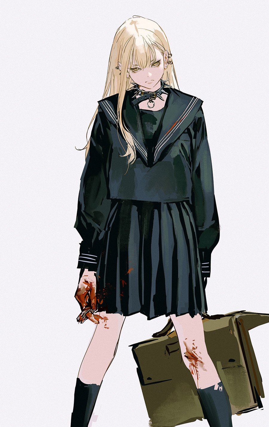 1girl arms_at_sides bags_under_eyes black_serafuku black_skirt black_socks blonde_hair blood blood_on_clothes blood_on_hands blood_on_leg briefcase closed_mouth collar earrings eyelashes feet_out_of_frame frown guideau head_tilt highres holding huangdanlan jewelry kneehighs legs_apart long_hair long_sleeves looking_at_viewer majo_to_yajuu miniskirt mole mole_under_eye multiple_earrings no_neckwear o-ring pleated_skirt school_uniform serafuku simple_background sketch skirt socks solo spiked_collar spikes standing white_background yellow_eyes