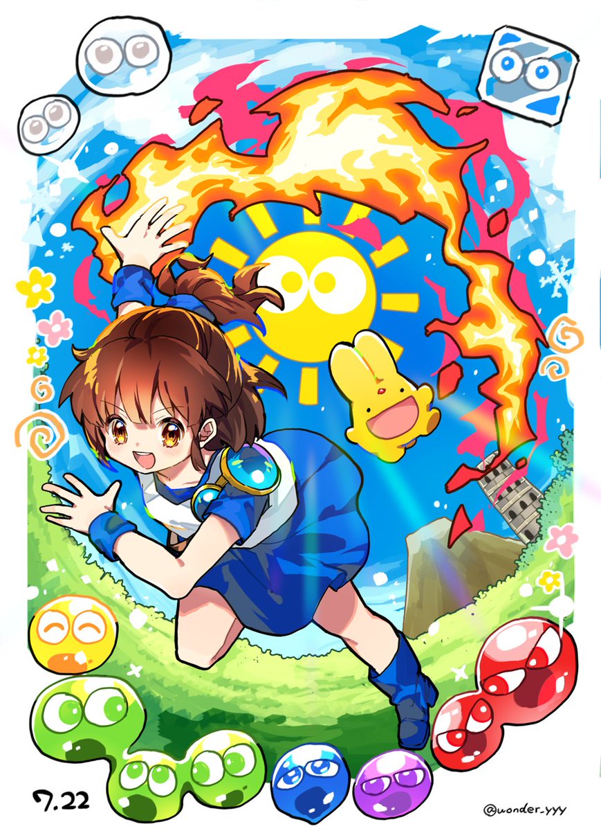 1girl ^_^ arle_nadja armor artist_name birthday blue_boots blue_eyes blue_skirt blue_sky boots border brown_eyes brown_hair carbuncle_(puyopuyo) closed_eyes cloud commentary dated fire flower grass green_eyes grey_eyes highres ice ice_cube kuroda_(kuro_yyy) looking_at_viewer magic open_mouth outdoors pink_flower ponytail purple_eyes puyo_(puyopuyo) puyopuyo pyrokinesis red_eyes shirt short_ponytail shoulder_armor skirt sky slime_(creature) smile snowflakes spiral standing standing_on_one_leg sun sun_with_face teeth tower twitter_username upper_teeth_only volcano white_border white_shirt wristband yellow_eyes yellow_flower