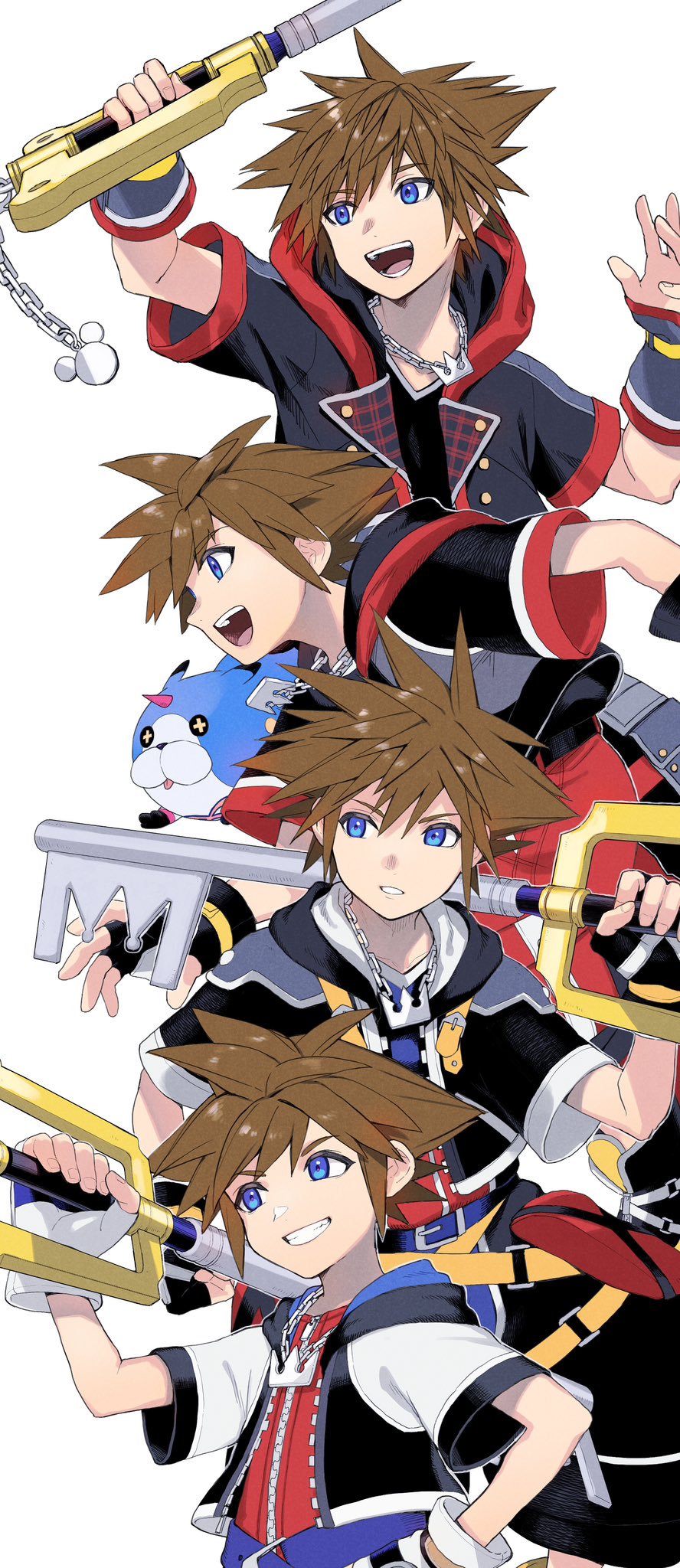 4boys brown_hair buttons commentary_request creature dream_eater_(kingdom_hearts) fingerless_gloves gloves grin hair_between_eyes highres holding holding_sword holding_weapon hood hood_down hooded_jacket jacket jewelry keyblade kinagi_(3307377) kingdom_hearts kingdom_hearts_3d:_dream_drop_distance kingdom_hearts_i kingdom_hearts_ii kingdom_hearts_iii kingdom_key looking_away male_focus multicolored_hair multiple_boys multiple_persona necklace open_clothes open_jacket open_mouth pointy_hair profile short_sleeves simple_background smile sora_(kingdom_hearts) sword teeth time_paradox weapon white_background