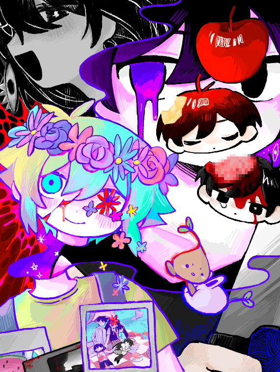3boys antenna_hair apple aubrey_(headspace)_(omori) aubrey_(omori) basil_(headspace)_(omori) basil_(omori) black_eyes black_hair bright_pupils chibi closed_eyes closed_mouth flower food fruit green_eyes green_hair head_wreath hero_(headspace)_(omori) hero_(omori) kel_(headspace)_(omori) kel_(omori) mari_(headspace)_(omori) mari_(omori) multiple_boys neko_kuuzo omori omori_(omori) open_mouth photo_(object) short_hair sprout_bunny_(omori) sprout_mole sunny_(omori) white_pupils