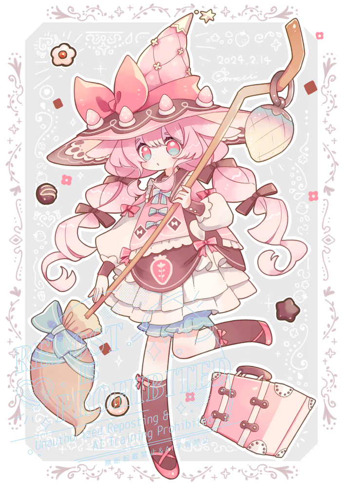 1girl blue_bow blush border bow broom brown_ribbon brown_socks commentary_request dated dress frilled_dress frills full_body green_eyes grey_background hair_ribbon hat hat_bow holding holding_broom long_hair long_sleeves multicolored_eyes original outline outside_border parted_lips pink_bow pink_eyes pink_hair pink_hat puffy_long_sleeves puffy_sleeves red_shoes ribbon shoes signature simple_background socks solo sorata123 standing standing_on_one_leg star_(symbol) suitcase watermark white_border white_dress white_outline