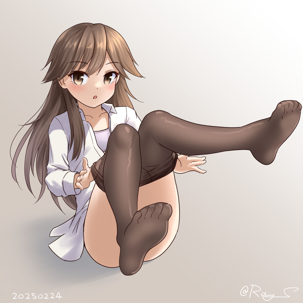 1girl arashio_(kancolle) black_pantyhose bra brown_eyes brown_hair collared_shirt convenient_censoring dress_shirt dressing gradient_background grey_background kantai_collection long_hair looking_at_viewer one-hour_drawing_challenge open_clothes open_shirt pantyhose ray.s shirt soles solo training_bra underwear white_bra white_shirt