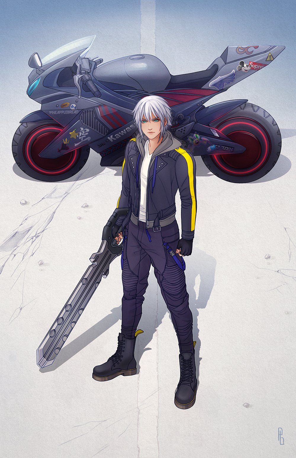 1boy aqua_eyes artist_name biker_clothes black_boots black_gloves black_jacket blue_pants boots crown_(symbol) dream_eater_(kingdom_hearts) earrings fingerless_gloves full_body gloves grey_hair hair_between_eyes highres holding holding_keyblade holding_weapon jacket jewelry keyblade kingdom_hearts looking_at_viewer male_focus mickey_mouse mickey_mouse_&amp;_friends motor_vehicle motorcycle pants pineapplebreads riku_(kingdom_hearts) road shirt short_hair single_earring solo standing sticker weapon white_shirt