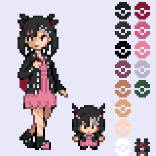 16-bit asymmetrical_bangs backpack bag black_footwear black_hair black_jacket boots commentary_request dress full_body gen_8_pokemon hair_ribbon hekiga holding holding_poke_ball jacket lowres marnie_(pokemon) morpeko morpeko_(hangry) nintendo pink_dress pixel_art poke_ball poke_ball_symbol pokemon pokemon_swsh red_ribbon ribbon simple_background sprite sprite_art twintails two_side_up