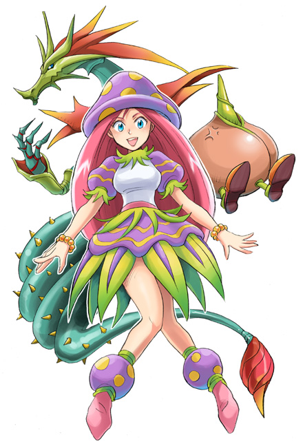 1girl :d anger_vein bead_bracelet beads blue_eyes bracelet breasts breath_of_fire breath_of_fire_ii dragon full_body jewelry knees_together_feet_apart long_hair looking_at_viewer mappy_(manhole_opener) medium_breasts multiple_persona mushroom_girl open_mouth pink_hair pink_legwear puffy_short_sleeves puffy_sleeves short_sleeves simple_background smile socks spar teeth white_background