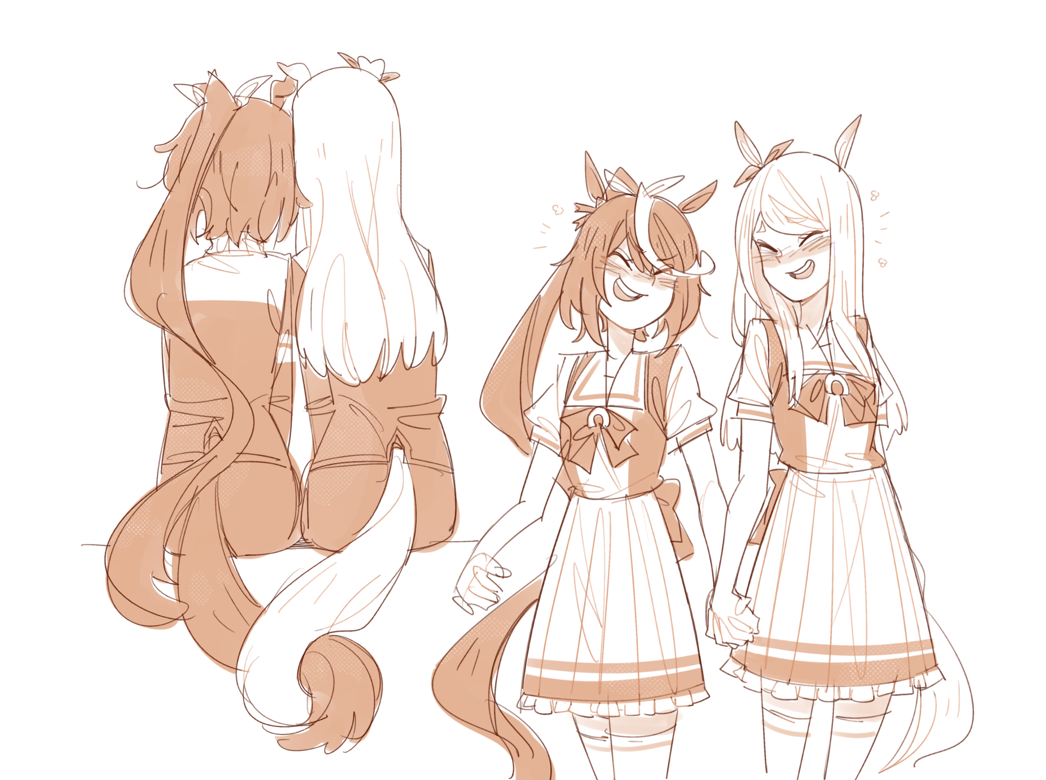 2girls :d animal_ears blush bow bowtie brown_theme closed_eyes commentary cowboy_shot frilled_skirt frills from_behind gutalalaman hair_bow happy happy_aura heads_together highres holding_hands horse_ears horse_girl horse_tail horseshoe_ornament intertwined_tails long_hair long_sleeves mejiro_mcqueen_(umamusume) monochrome multicolored_hair multiple_girls multiple_views open_mouth pleated_skirt ponytail puffy_short_sleeves puffy_sleeves sailor_collar sailor_shirt school_uniform sepia shirt short_sleeves side-by-side sitting skirt smile standing streaked_hair summer_uniform tail thighhighs tokai_teio_(umamusume) tracen_school_uniform tracen_training_uniform track_suit umamusume very_long_hair yuri zettai_ryouiki
