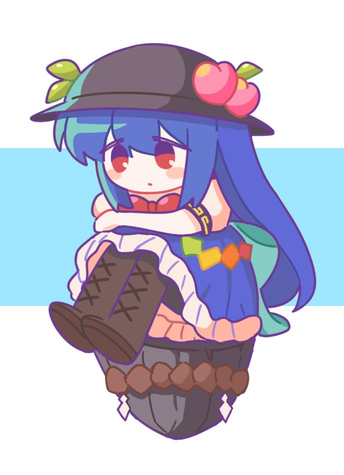 1girl antinomy_of_common_flowers black_headwear blue_background blue_hair boots bow bowtie commentary_request full_body hinanawi_tenshi kaname-ishi korean_commentary lace-up_boots leaf long_hair peach_hat_ornament rbfnrbf_(mandarin) red_bow red_bowtie red_eyes short_sleeves sidelocks sitting solo touhou