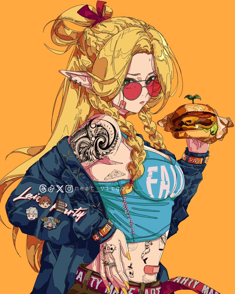 1girl bandaid bandaid_on_face belt blonde_hair blue_jacket braid breasts brown_pants burger character_badge chilchuck_tims cowboy_shot dungeon_meshi food green_eyes hair_ribbon hair_rings holding holding_burger holding_food jacket laios_touden long_hair looking_at_viewer marcille_donato medium_breasts nest_virgo pants parted_bangs pointy_ears red-tinted_eyewear red_belt red_ribbon ribbon senshi_(dungeon_meshi) side_braids simple_background skull_tattoo solo sunglasses tattoo tinted_eyewear very_long_hair yellow_background