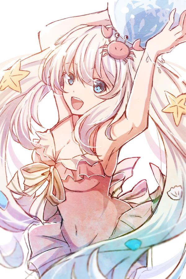 1girl :d armpits arms_up ball bikini blue_eyes breasts cleavage fate/grand_order fate_(series) female_focus holding holding_ball large_breasts marie_antoinette_(fate) marie_antoinette_(swimsuit_caster)_(first_ascension)_(fate) miniskirt mishiro_(andante) neck_ribbon open_mouth pink_bikini pleated_skirt ribbon skirt smile solo standing starfish_hair_ornament striped_ribbon swimsuit white_background