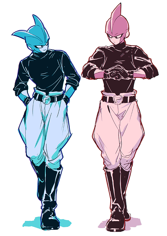 2boys alternate_costume boots closed_mouth dragon_ball dragon_ball_super dragon_ball_super_super_hero full_body gamma_1 gamma_2 gloves hands_in_pockets itsuki_(nightlight) knee_boots male_focus monochrome multiple_boys own_hands_together pants shirt simple_background standing walking