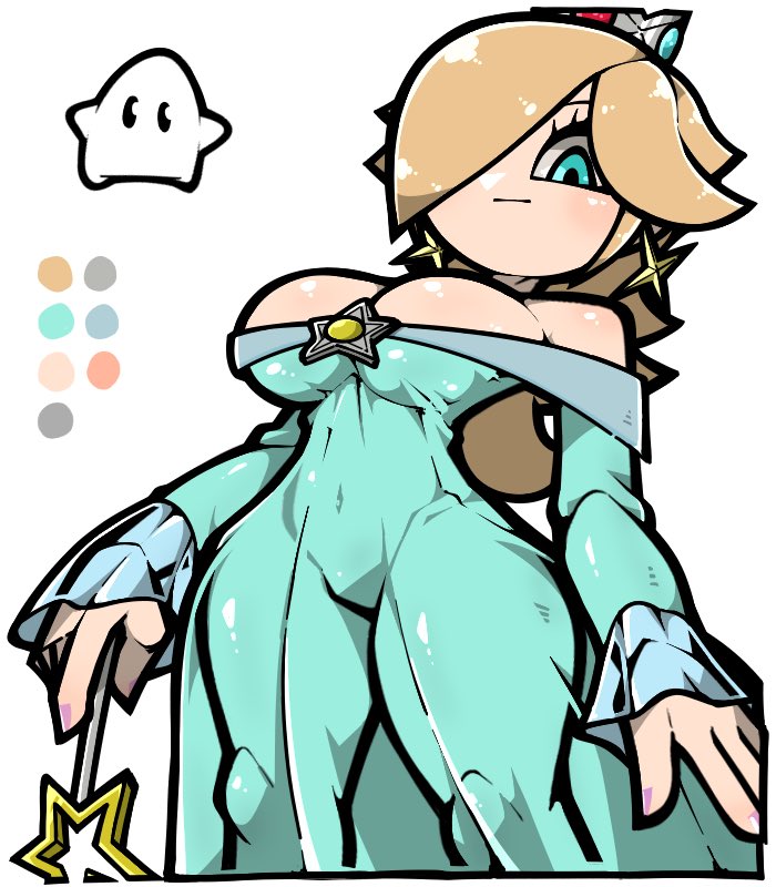 1girl :| aqua_dress aqua_eyes bare_shoulders blonde_hair breasts brooch cleavage closed_mouth color_guide crown curvy dress earrings eyelashes fingernails hair_over_one_eye holding holding_wand jewelry large_breasts long_hair long_sleeves luma_(mario) mario_(series) nail_polish name_omoitukan2 nintendo off-shoulder_dress off_shoulder princess purple_nails rosalina see-through_clothes see-through_dress shiny_skin simple_background star_(symbol) star_brooch star_wand super_mario_galaxy thick_lineart thick_thighs thighs wand white_background
