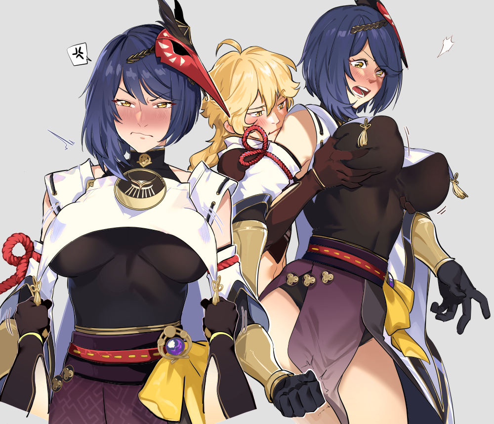 1boy 1girl aether_(genshin_impact) angry asymmetrical_hair bird_mask black_bodysuit blonde_hair blush bodysuit breast_curtain breasts clenched_hand gem genshin_impact grabbing_another&#039;s_breast groping japanese_clothes kujou_sara kukumomo large_breasts mask mask_on_head mitsudomoe_(shape) obi open_mouth pelvic_curtain pulling_another&#039;s_clothes purple_hair red_mask sash sayagata tassel teeth tomoe_(symbol) vision_(genshin_impact) yellow_eyes