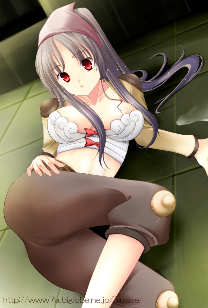 1girl 2000s_(style) ass ayase_mai_(jelly^2_fish) bow bow_bra bra breasts brown_bandana brown_jacket brown_shorts comiket comiket_77 commentary_request expressionless feet_out_of_frame jacket large_breasts long_hair long_sleeves looking_at_viewer lying on_floor on_side open_mouth ragnarok_online red_bow red_eyes shorts shrug_(clothing) sidelocks solo thief_(ragnarok_online) underwear white_bra wickebine_tres