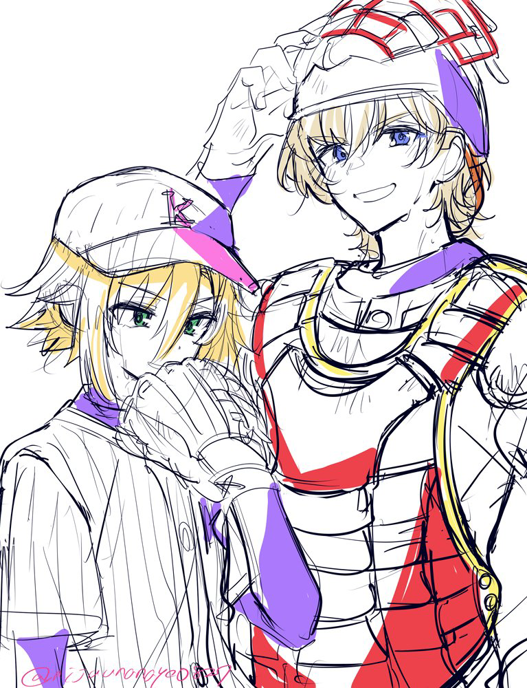 2boys arm_up baseball_cap baseball_glove baseball_uniform blonde_hair blue_eyes catcher&#039;s_mask catcher_(baseball) chest_protector fura_kanato green_eyes hair_between_eyes hand_up hat layered_sleeves long_sleeves male_focus multiple_boys nijisanji ninahachi purple_shirt shirt short_over_long_sleeves short_sleeves simple_background smile sportswear striped_clothes striped_shirt twitter_username umpire upper_body uzuki_kou vertical-striped_clothes vertical-striped_shirt virtual_youtuber white_background white_shirt