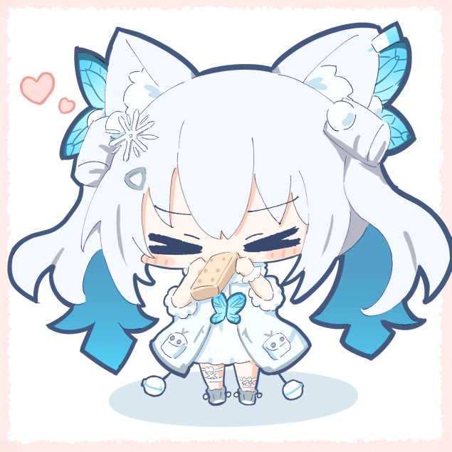 animal_ear_fluff animal_ears blush_stickers butterfly_hair_ornament chibi closed_mouth double_bun dress eating fur-trimmed_sleeves fur_trim goddess_of_victory:_nikke hair_bun hair_ornament jacket long_hair n102_(miracle_fairy)_(nikke) n102_(nikke) official_alternate_costume pom_pom_(clothes) scrunchie short_sleeves short_twintails snowflake_hair_ornament twintails umihio white_dress white_hair white_jacket wrist_scrunchie