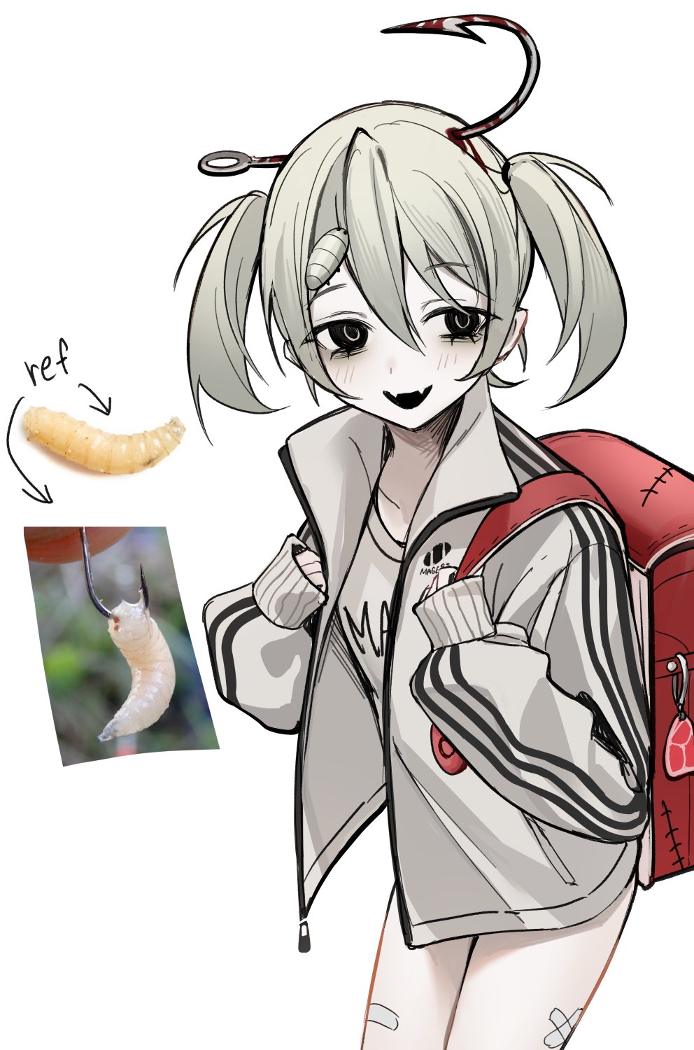 1girl arrow_(symbol) backpack bag bag_charm bandaid bandaid_on_leg black_eyes black_mouth blood charm_(object) commentary cowboy_shot creature_and_personification crime_prevention_buzzer crossed_bandaids english_commentary fangs fish_hook grey_hair grey_jacket grey_shirt hair_between_eyes highres injury jacket legs_together light_blush long_sleeves looking_at_viewer maggot object_through_head ompf open_clothes open_jacket open_mouth original pale_skin personification photo_inset randoseru red_bag reference_inset shirt sleeves_past_wrists smile solo standing track_jacket twintails white_background