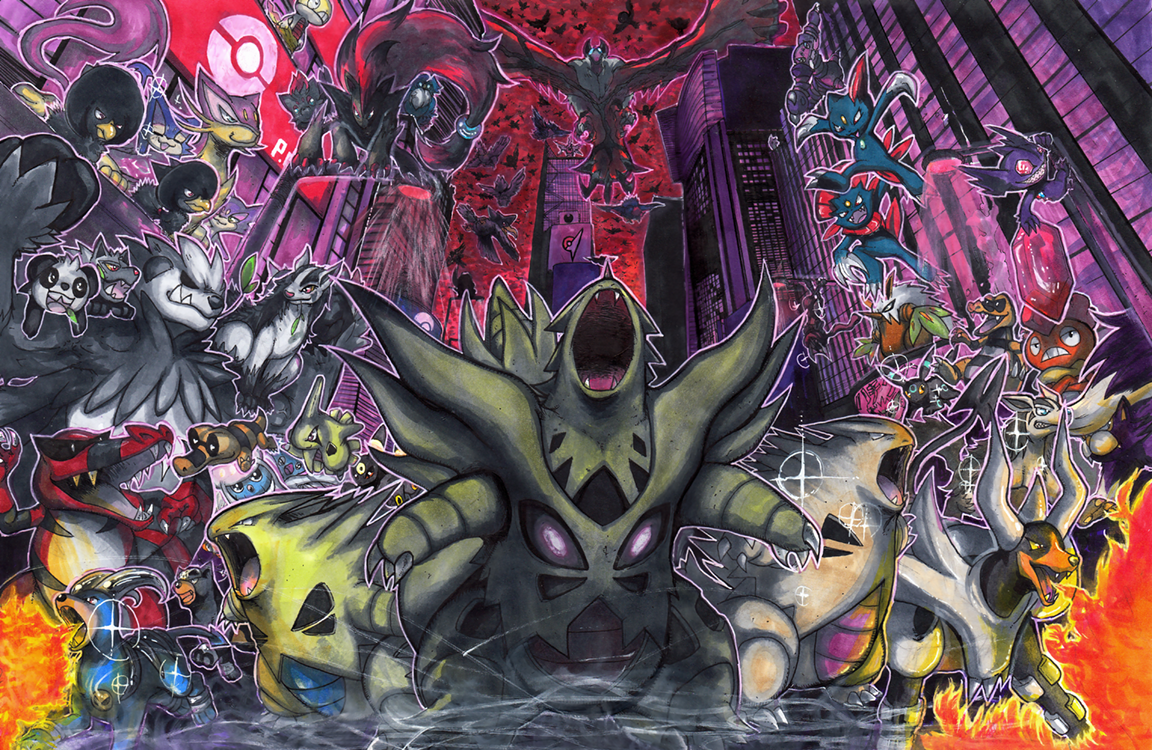 absol alternate_color breath_weapon breathing_fire building city commentary darkrai drapion english_commentary fangs fire flying game_freak gem gen_2_pokemon gen_3_pokemon gen_4_pokemon gen_5_pokemon gen_6_pokemon greninja holding holding_gem honchkrow houndoom houndour inkay krokorok krookodile larvitar legendary_pokemon liepard malamar mega_houndoom mega_pokemon mega_sableye mega_tyranitar mightyena murkrow mythical_pokemon nintendo no_humans open_mouth pancham pangoro poke_ball_symbol pokemon pokemon_(creature) pokemon_focus poochyena pupitar purrloin red_gemstone red_sky sableye sandile scrafty scraggy shiftry shiny_pokemon skuntank sky sneasel sparkle stunky takkun_(takkun_art) traditional_media tyranitar umbreon weavile yveltal zoroark zorua