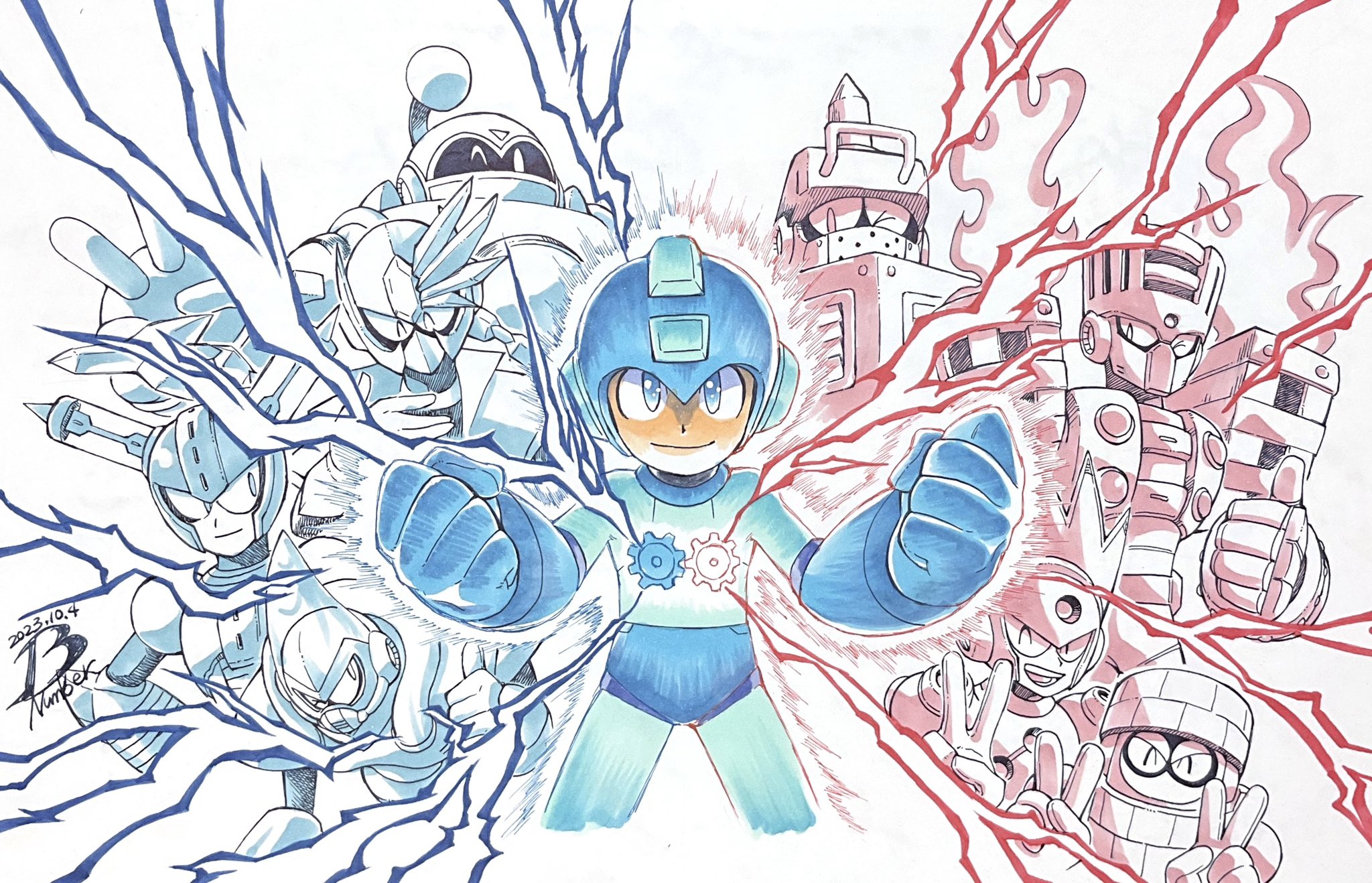 6+boys acid_man anniversary artist_logo blast_man block_man blue_bodysuit blue_eyes blue_headwear bodysuit bounce_man dated double_v electricity fire forehead_jewel fuse_man gears happy helmet highres humanoid_robot impact_man logo mega_man_(character) mega_man_(classic) mega_man_(series) mega_man_11 multiple_boys one_eye_closed pn13ban robot spikes thumbs_up torch_man tundra_man v