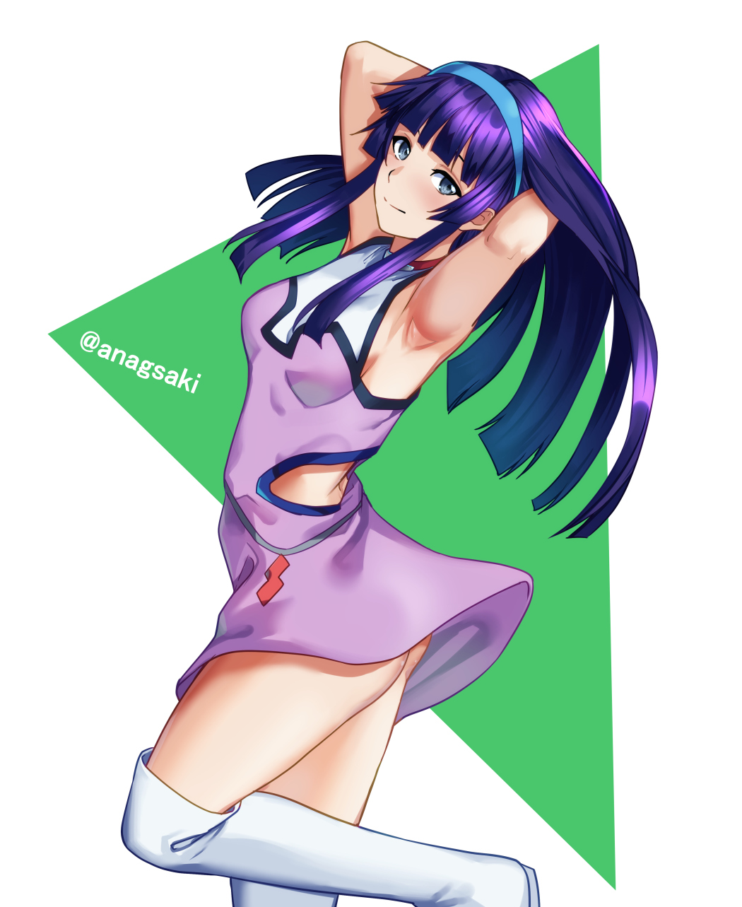 1girl aona_(anagasaki) armpits blue_eyes blush boots breasts grendizer_u hair_ornament hairband highres knee_boots long_hair looking_at_viewer looking_to_the_side mazinger_(series) medium_breasts presenting_armpit purple_hair solo ufo_robo_grendizer yumi_sayaka