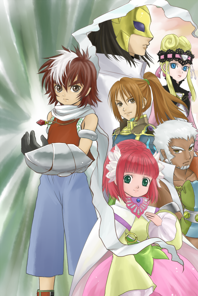 armor arria_ekberg bare_shoulders black_hair blonde_hair blue_eyes brown_eyes brown_hair caius_qualls forest_ledoyen green_eyes grey_hair lukius_bridges mask multicolored_hair pink_hair rubia_natwick scarf tales_of_(series) tales_of_the_tempest tilkis_barone