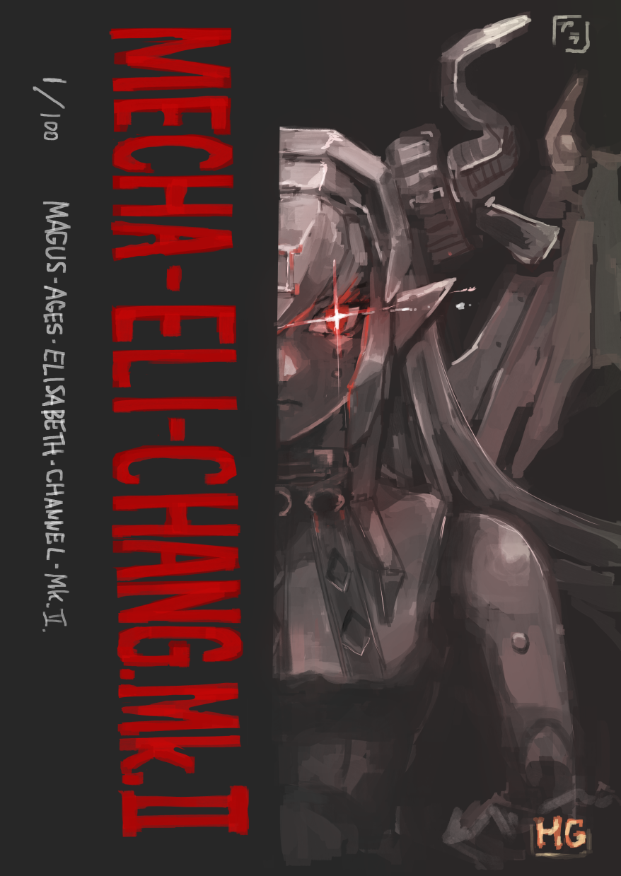 1girl black_background closed_mouth elizabeth_bathory_(fate) english_text fate/grand_order fate_(series) frown highres horns joints long_hair long_pointy_ears looking_at_viewer mecha_eli-chan_mk.ii_(fate) metal_skin osakana_(denpa_yun&#039;yun) pointy_ears red_eyes robot_girl robot_joints serious simple_background solo sparkling_eyes split_crop straight-on upper_body wings