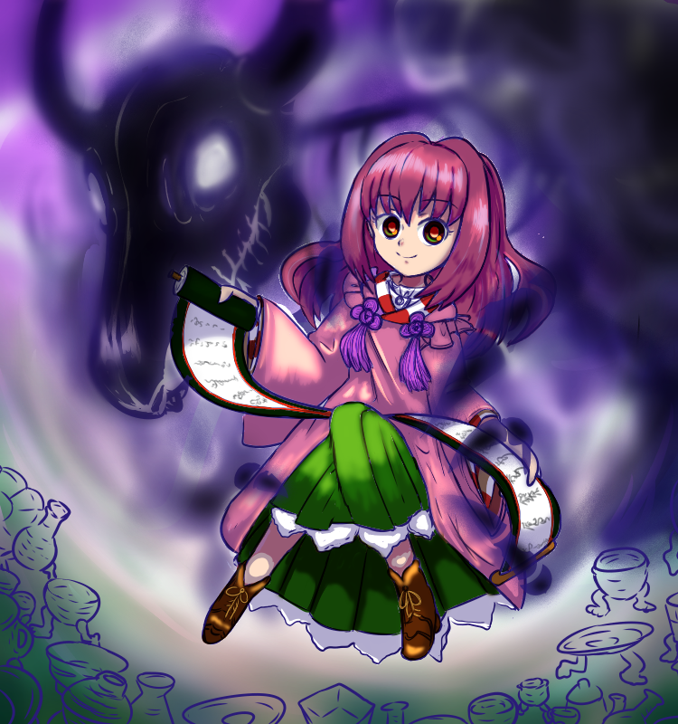 1girl alternate_hairstyle animal_skull artist_request bad_id bad_pixiv_id dark_persona darkness forbidden_scrollery hair_down motoori_kosuzu oni_of_the_night_parade_scroll possessed red_eyes red_hair scroll skeleton smile touhou tsukumogami