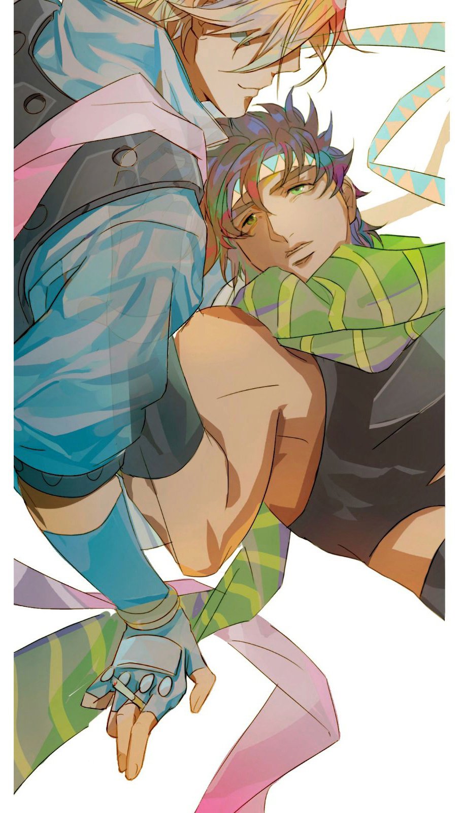2boys bare_shoulders battle_tendency blonde_hair blue_jacket brown_hair caesar_anthonio_zeppeli crop_top facial_mark feather_hair_ornament feathers fingerless_gloves ghost gloves green_eyes green_scarf hair_ornament hair_over_eyes headband highres jacket jojo_no_kimyou_na_bouken joseph_joestar joseph_joestar_(young) lying male_focus midriff multiple_boys on_back pink_scarf scarf striped_clothes striped_scarf suzuri513 translucent triangle_print yellow_scarf