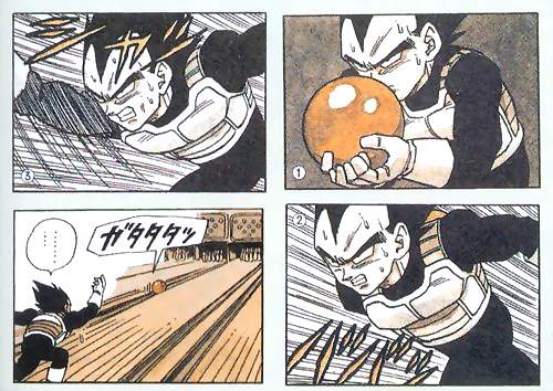 ... 1boy 4koma alien armor ball boots bowling bowling_alley bowling_ball bowling_pin clenched_teeth comic dragon_ball dragonball_z failure focused gloves gutter_ball leaning_forward lowres male_focus motion_lines official_art parody saiyan_armor sequential short_hair speech_bubble spiked_hair spoken_ellipsis sweat teeth toriyama_akira vegeta widow&#039;s_peak