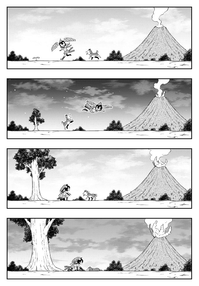 1girl all_fours animal bird_girl bird_tail bird_wings comic day death dog floating full_body greyscale hi_no_tori hi_no_tori_(kemono_friends) kemono_friends looking_at_another monochrome night on_one_knee outdoors running sandstar silent_comic tail tree trembling volcano wings yamaguchi_sapuri