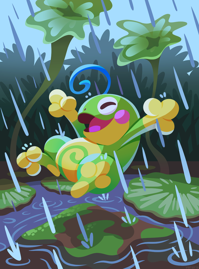 animal_focus arms_up full_body gen_2_pokemon happy jumping lily_pad nintendo no_humans nostrils open_mouth outdoors pokemon pokemon_(creature) politoed rain solo versiris water_drop