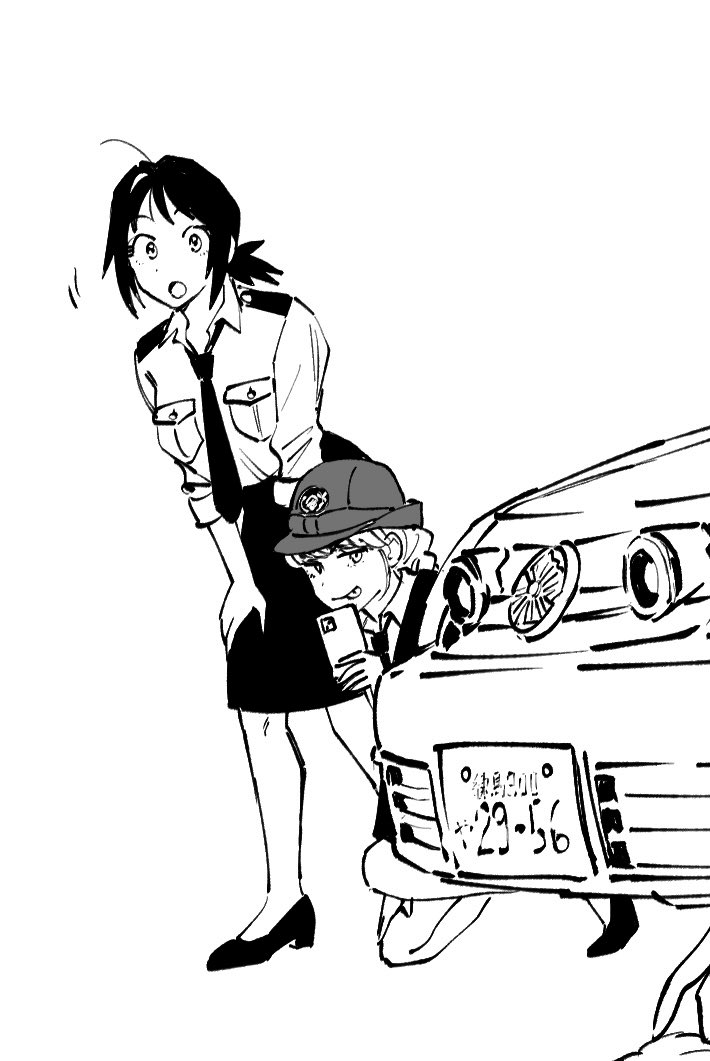 1boy 1girl black_hair breasts closed_mouth crossdressing earrings eyelashes female_service_cap greyscale hat japan_national_police jewelry kozuka_(police_and_lady) large_breasts monochrome mori_chizuru multiple_girls open_mouth osg_pk police police_and_lady police_hat police_uniform policewoman shirt short_hair simple_background smile trap white_background