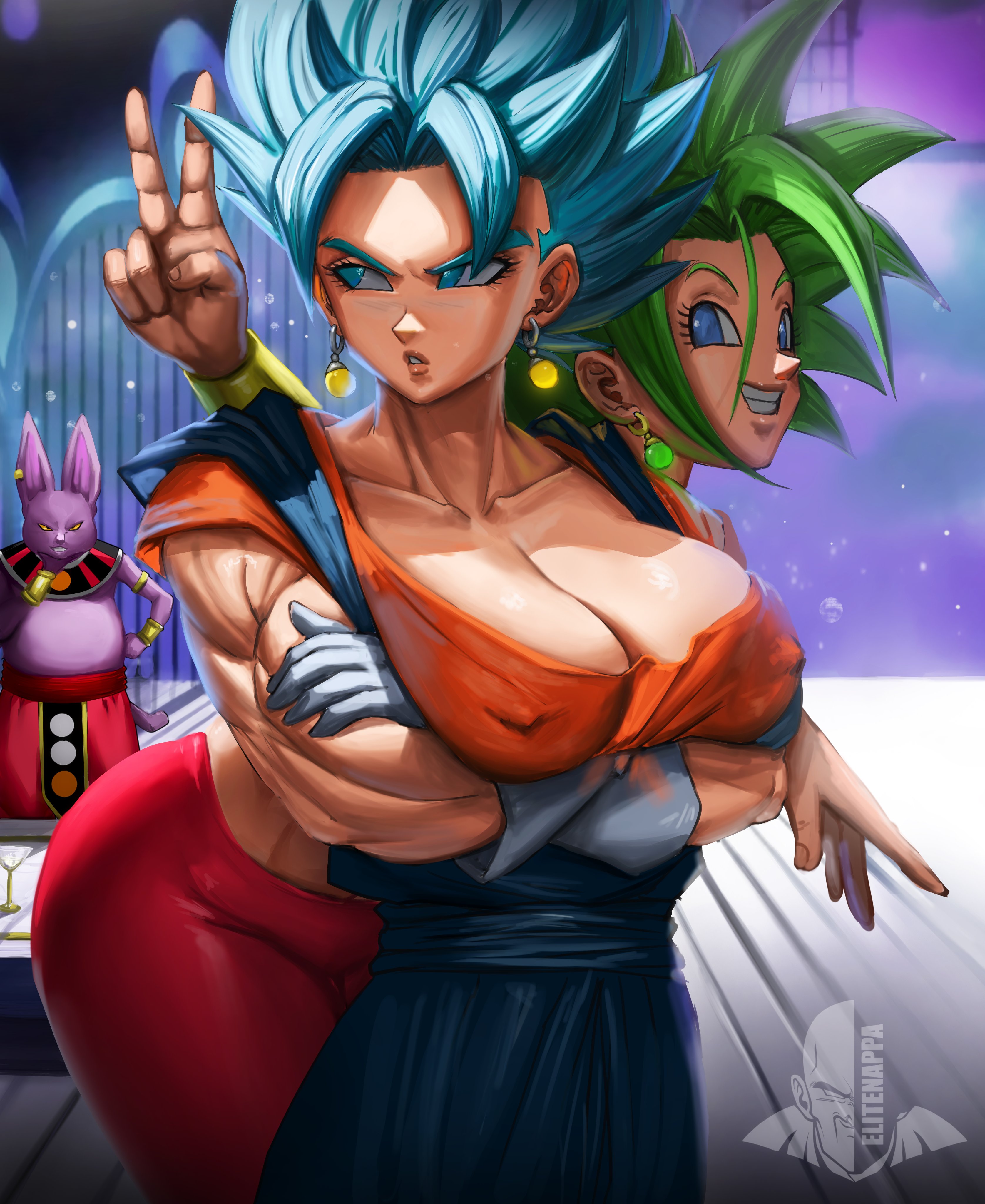 1boy 2girls absurdres blue_eyes blue_hair breasts champa_(dragon_ball) cleavage dragon_ball dragon_ball_super earrings elite_nappa genderswap genderswap_(mtf) green_hair highres jewelry kefla_(dragon_ball) large_breasts legendary_super_saiyan looking_at_viewer multiple_girls muscular muscular_female potara_earrings super_saiyan super_saiyan_blue thick_thighs thighs vegetto wide_hips