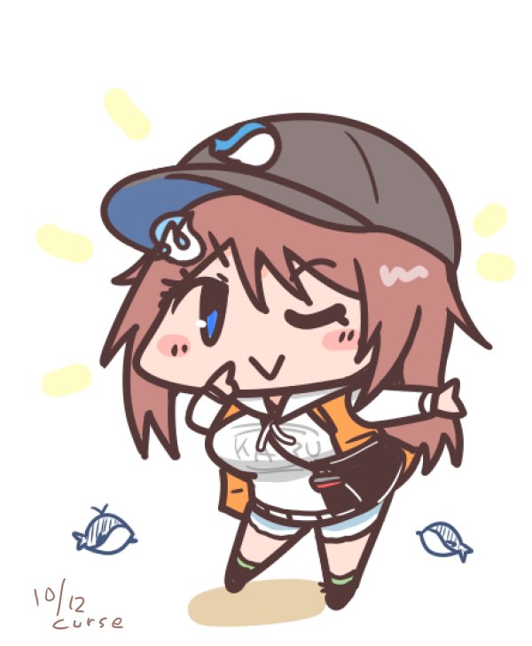 1girl :&gt; bag baseball_cap black_hat blue_eyes blue_shorts breasts brown_hair chibi chougei_(kancolle) chougei_(kure)_(kancolle) curse_(023) full_body hair_down hat hood hooded_jacket jacket kantai_collection large_breasts long_hair official_alternate_costume official_alternate_hairstyle one_eye_closed orange_jacket shirt shorts shoulder_bag simple_background solo standing whale white_background white_shirt